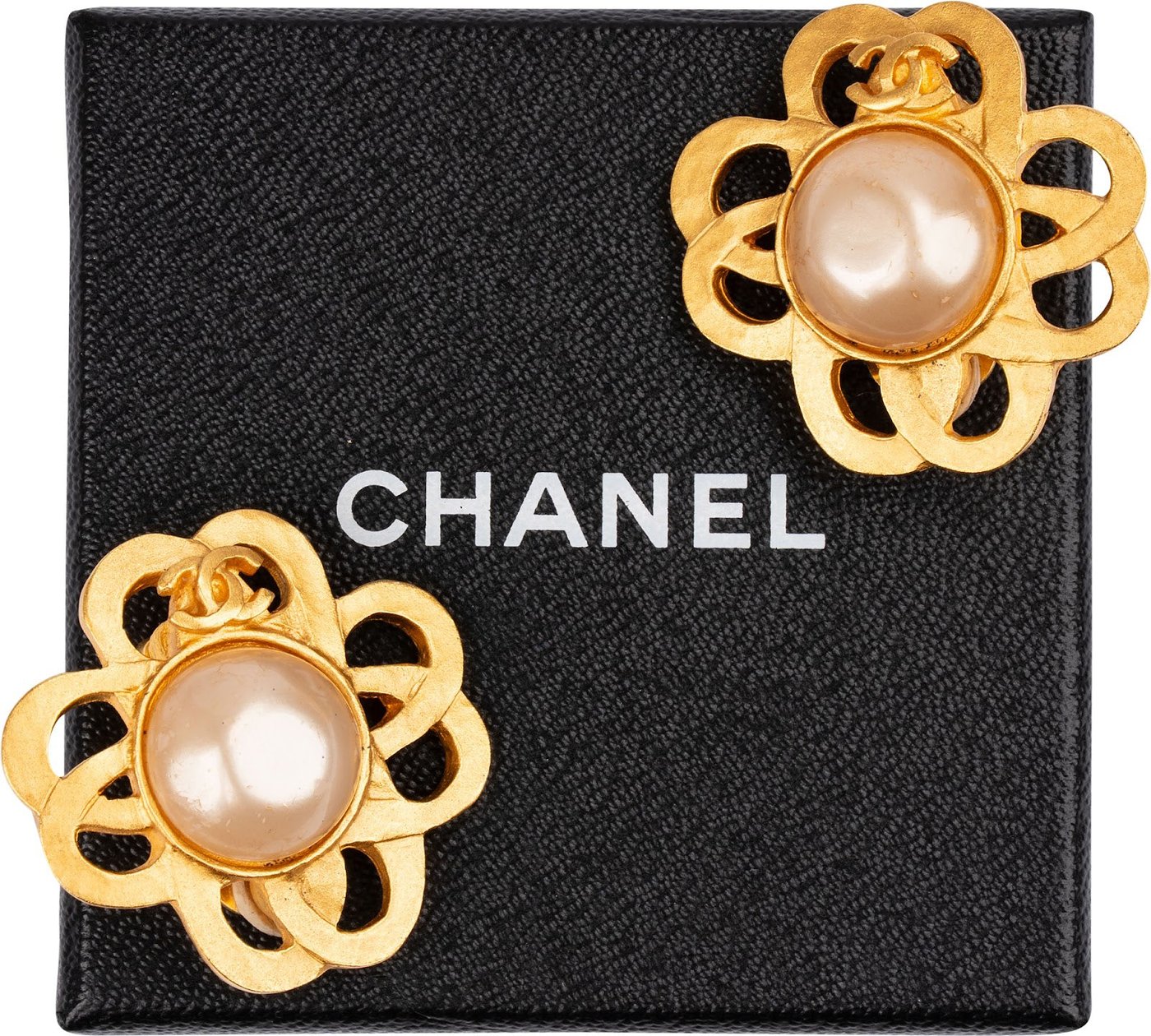 Chanel Gold Tone CC Clover Faux Pearl 1995 Clip-On Earrings