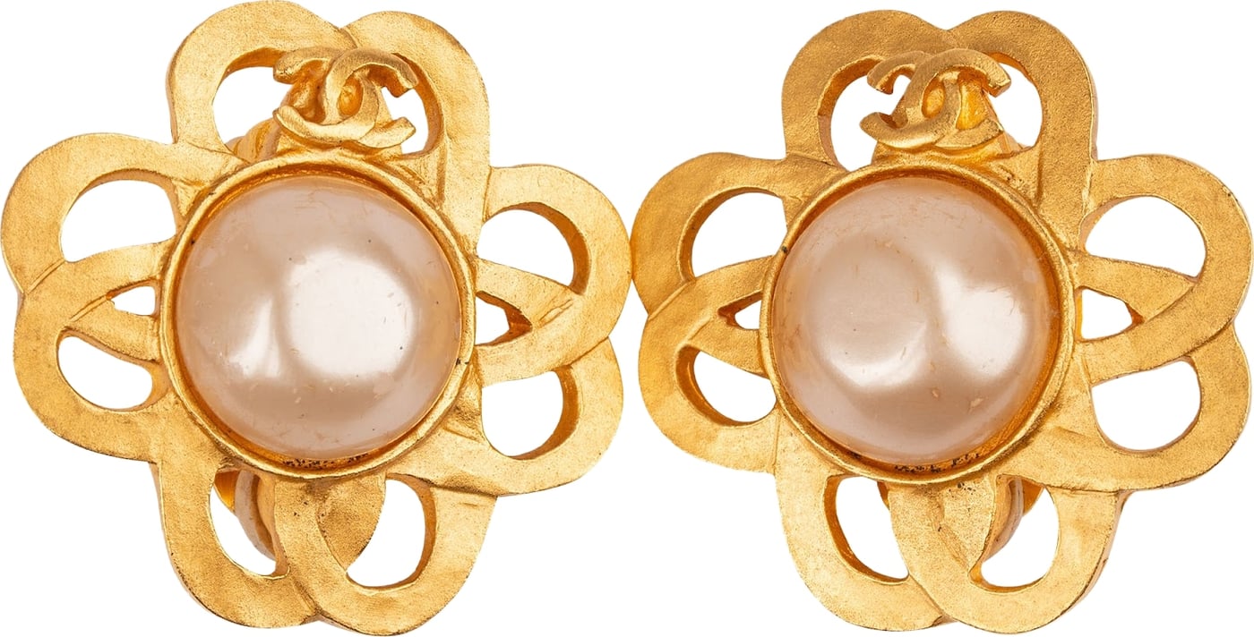 Chanel Gold Tone CC Clover Faux Pearl 1995 Clip-On Earrings