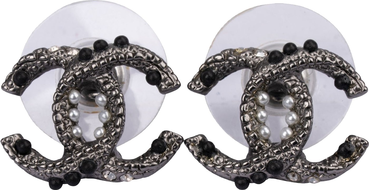 Chanel Ruthenium Textured CC Pearl & Strass Stud Earrings
