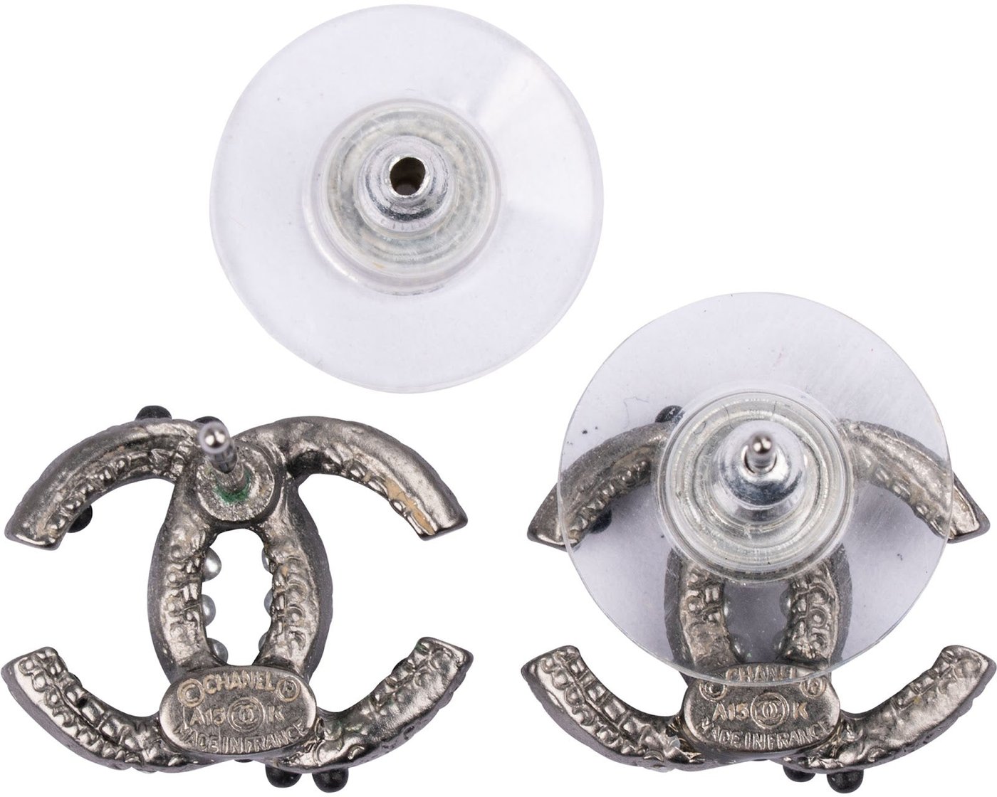 Chanel Ruthenium Textured CC Pearl & Strass Stud Earrings
