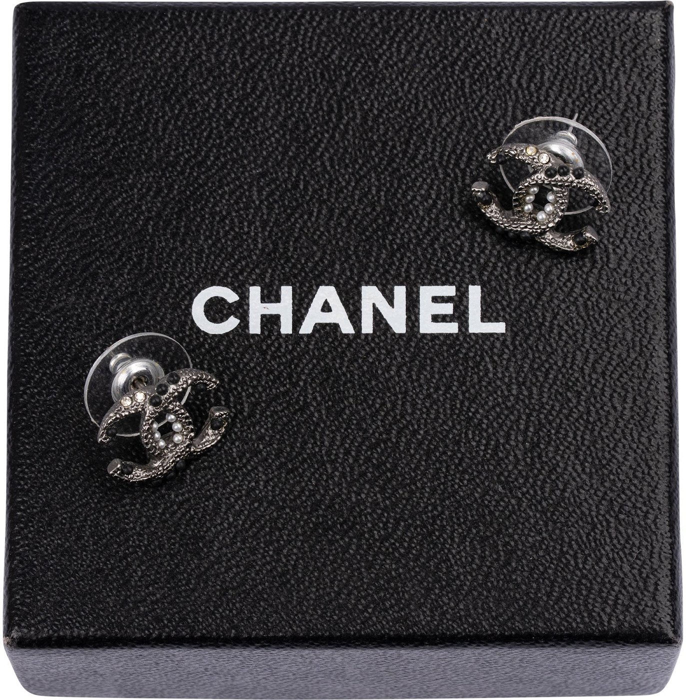Chanel Ruthenium Textured CC Pearl & Strass Stud Earrings