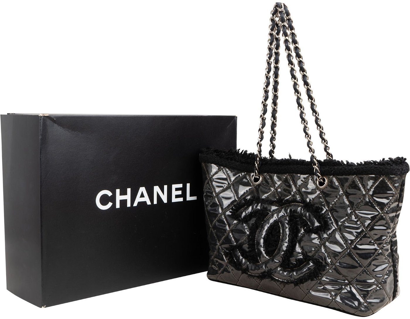 Chanel Patent Leather Fringed CC Large Shopping Tote Shoulder Bag
