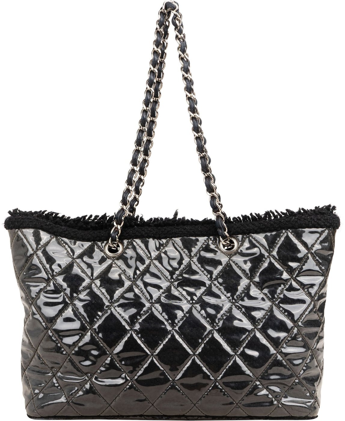 Chanel Patent Leather Fringed CC Large Shopping Tote Shoulder Bag