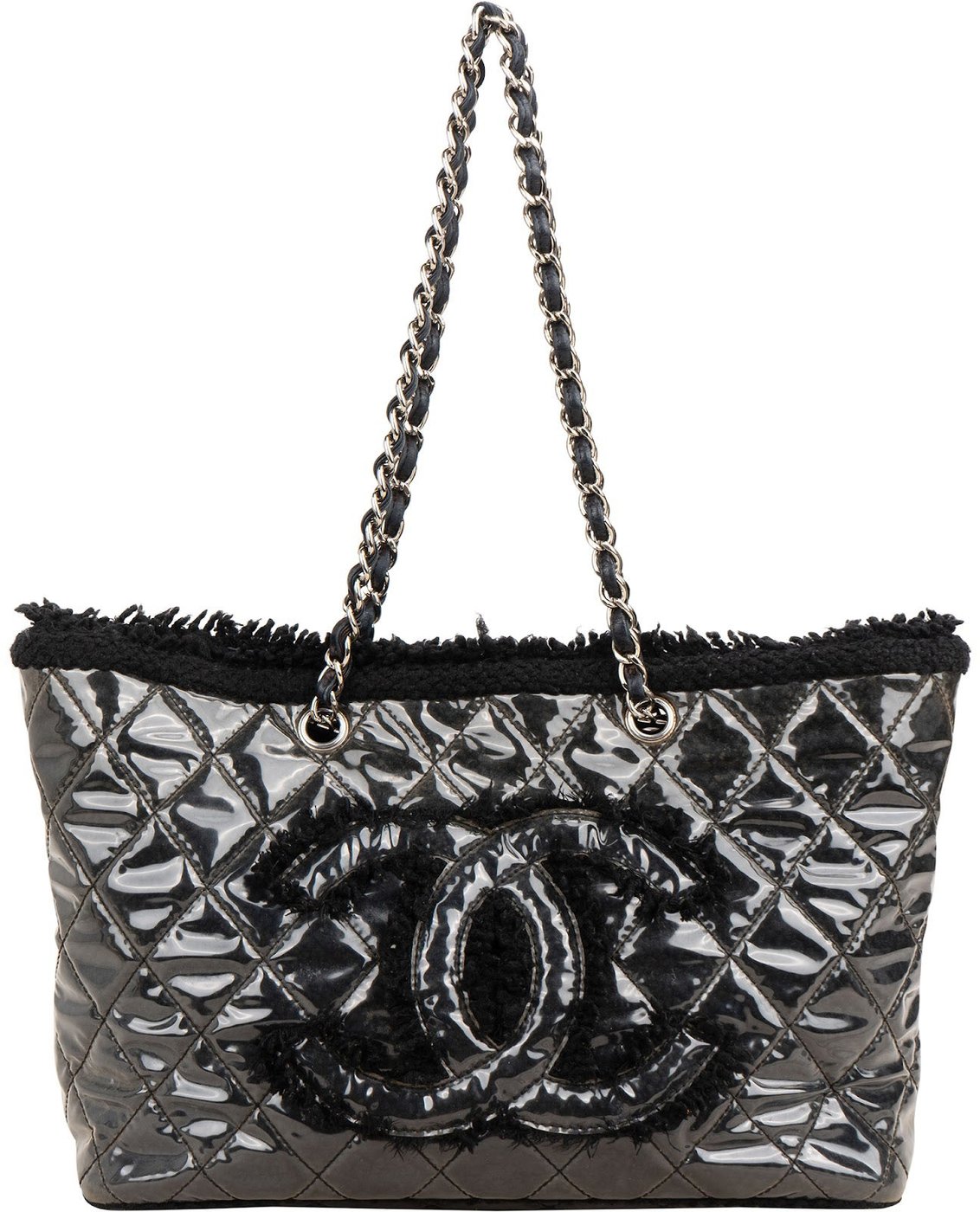 Chanel Patent Leather Fringed CC Large Shopping Tote Shoulder Bag