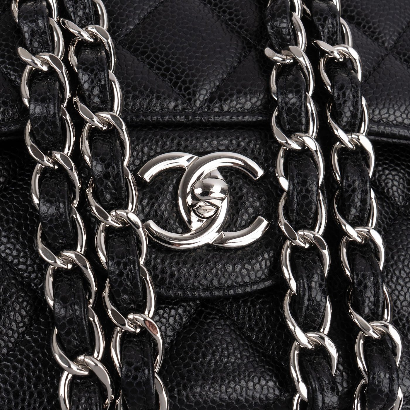Chanel Quilted Caviar Leather Palladium Jumbo Double Flap Crossbody Bag