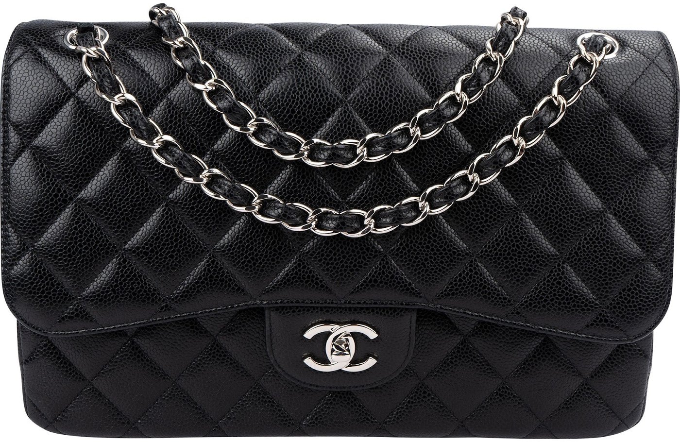 Chanel Quilted Caviar Leather Palladium Jumbo Double Flap Crossbody Bag