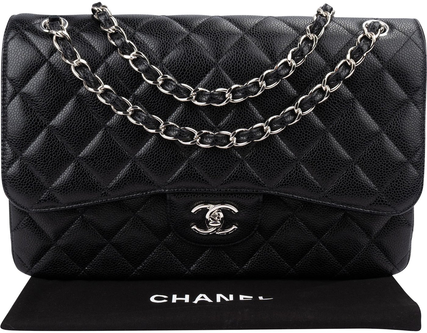 Chanel Quilted Caviar Leather Palladium Jumbo Double Flap Crossbody Bag