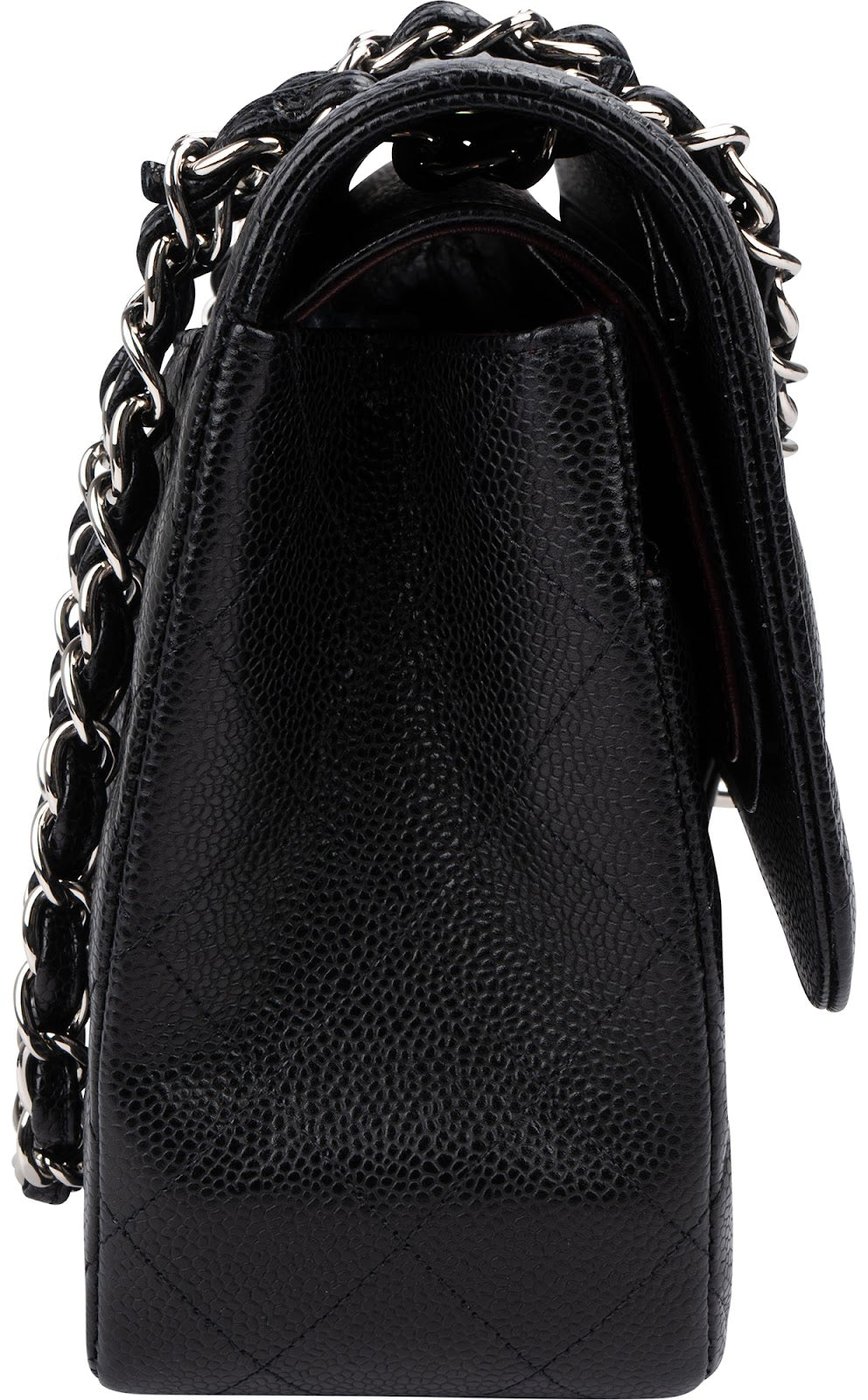 Chanel Quilted Caviar Leather Palladium Jumbo Double Flap Crossbody Bag
