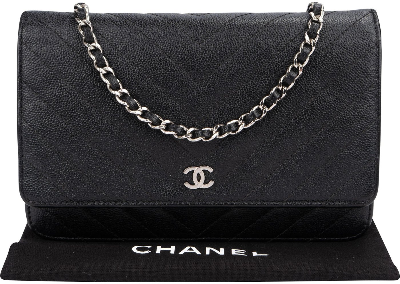 Chanel Caviar Chevron Leather Palladium Wallet On Chain Crossbody Bag