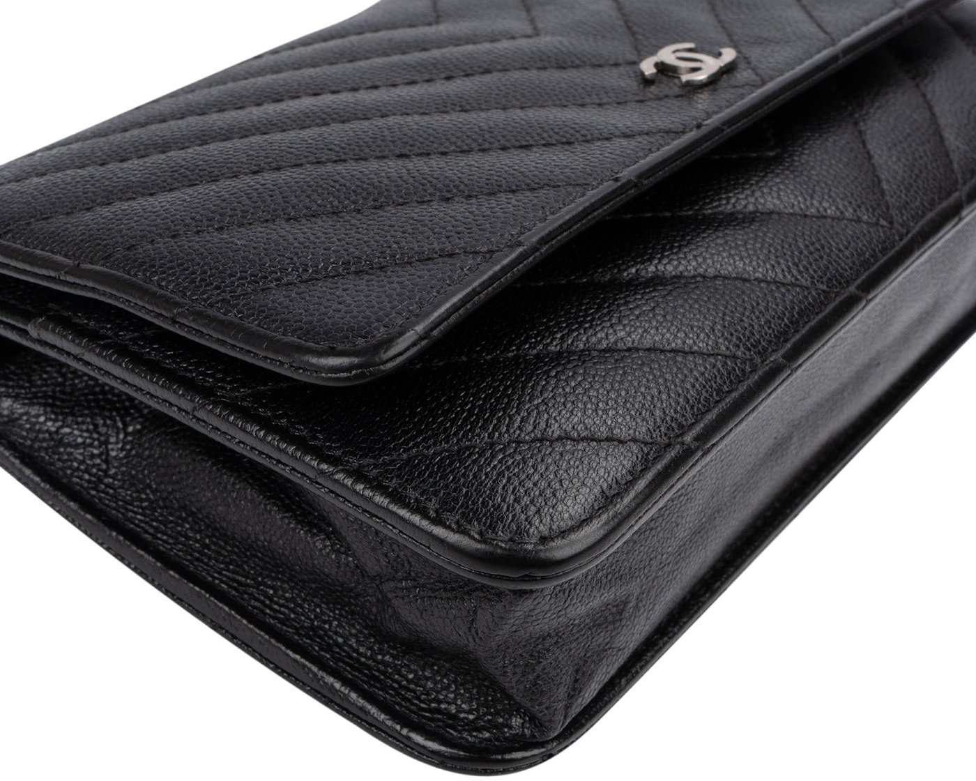 Chanel Caviar Chevron Leather Palladium Wallet On Chain Crossbody Bag