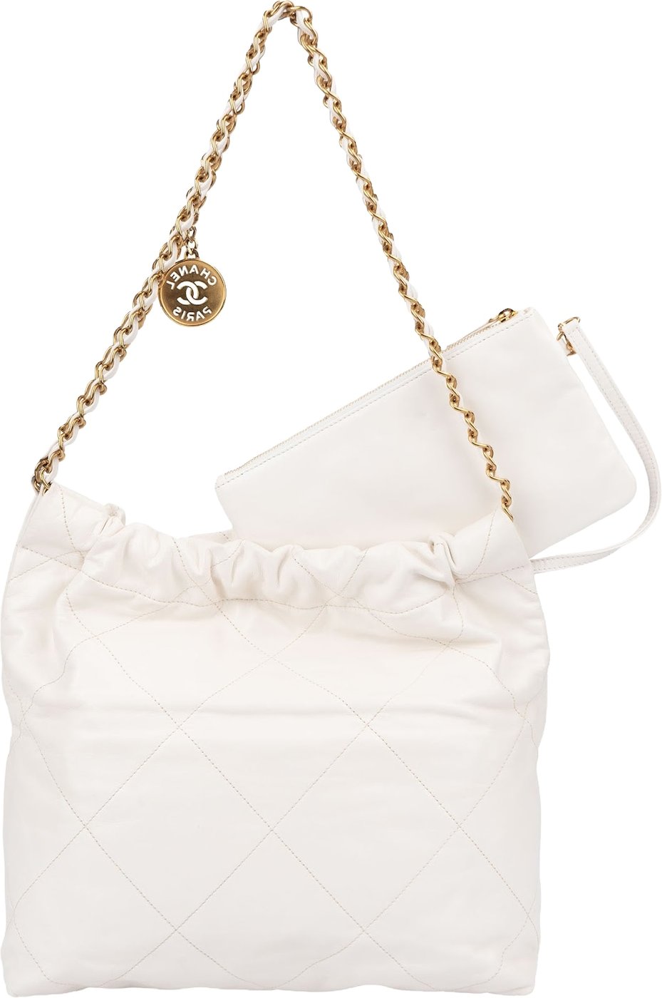 Chanel 22 White Quilted Lambskin Maxi Drawstring Shoulder Bag