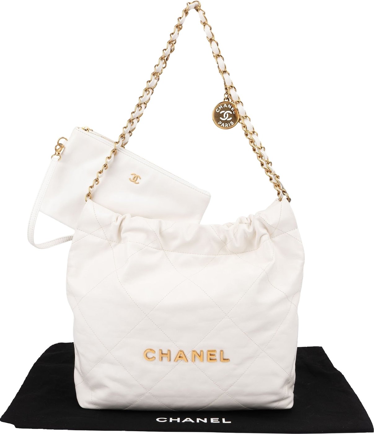 Chanel 22 White Quilted Lambskin Maxi Drawstring Shoulder Bag