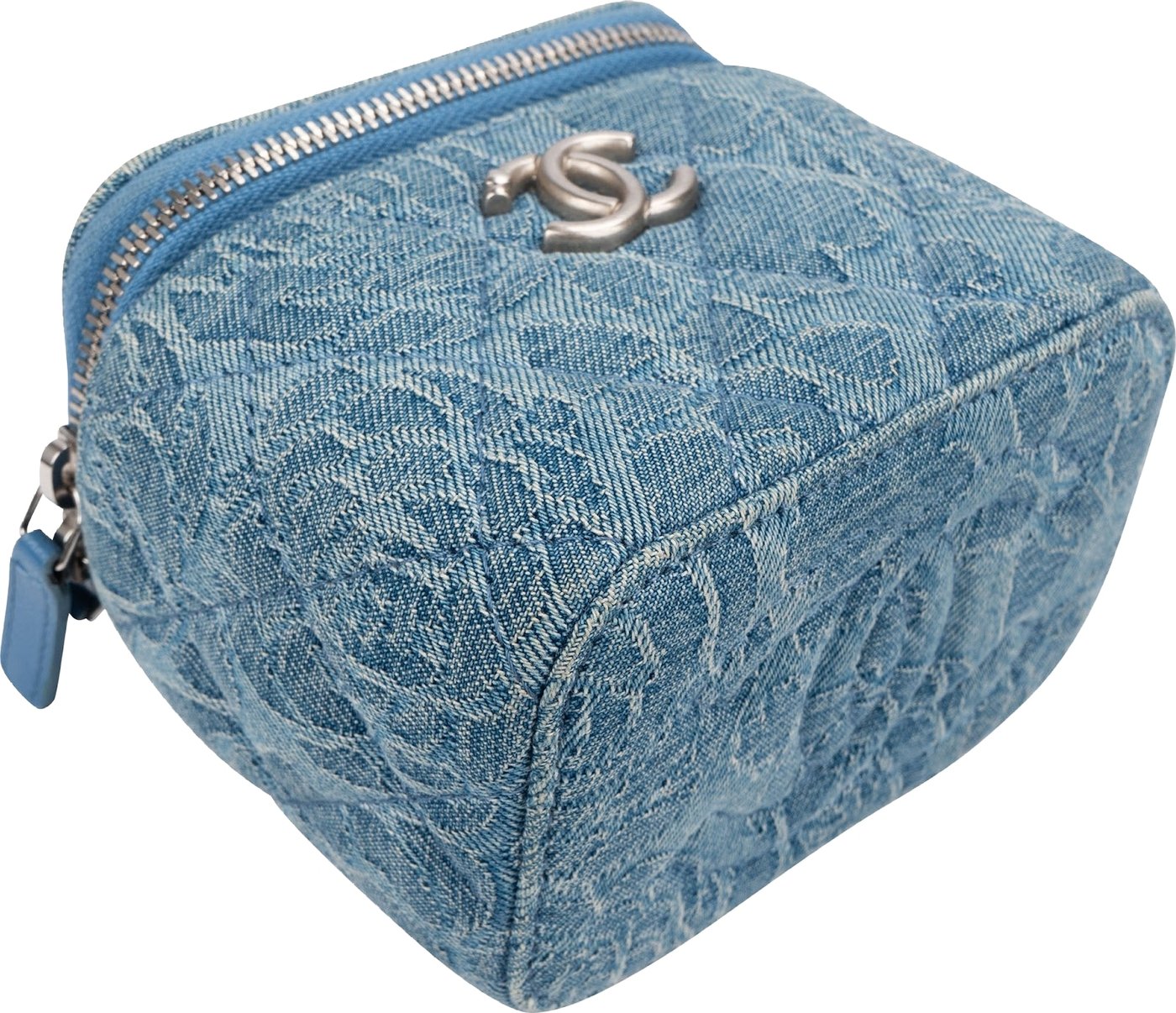 Chanel Quilted Denim Camellia Monogram Adjustable Mini Vanity Case Crossbody Bag