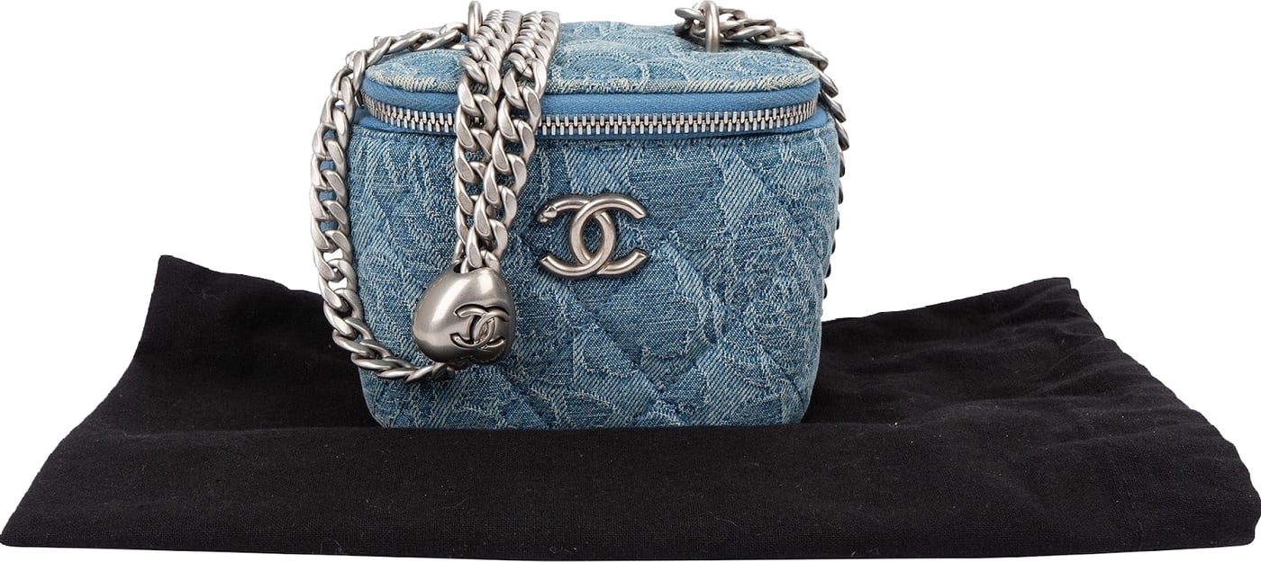 Chanel Quilted Denim Camellia Monogram Adjustable Mini Vanity Case Crossbody Bag