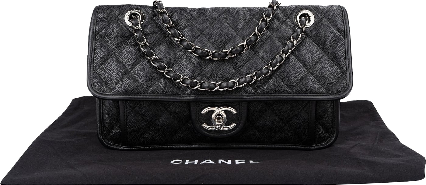 Chanel Quilted Caviar Leather Palladium Front Pocket Single Flap Shoulder Bag