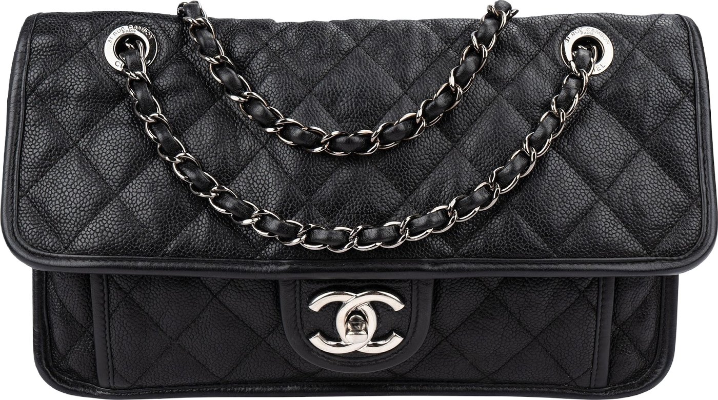 Chanel Quilted Caviar Leather Palladium Front Pocket Single Flap Shoulder Bag