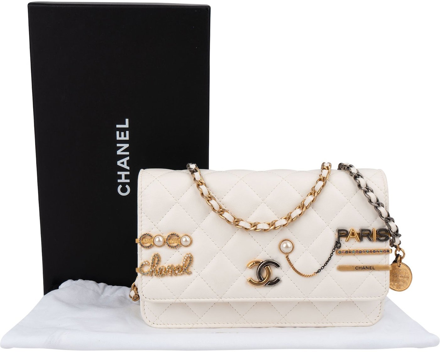 Chanel Quilted Lambskin Paris-Cosmopolite Charms Two-Tone Wallet On Chain Crossbody Bag