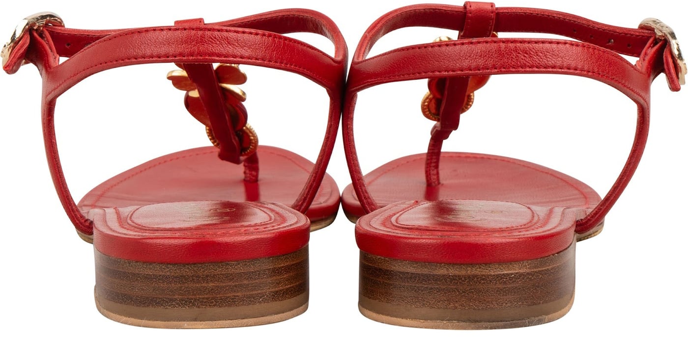 Chanel Red Leather CC Clover Medallion Thong Sandals (38)