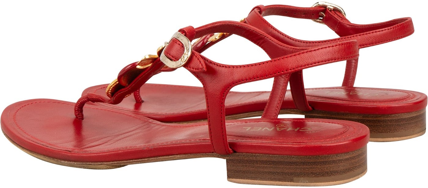 Chanel Red Leather CC Clover Medallion Thong Sandals (38)