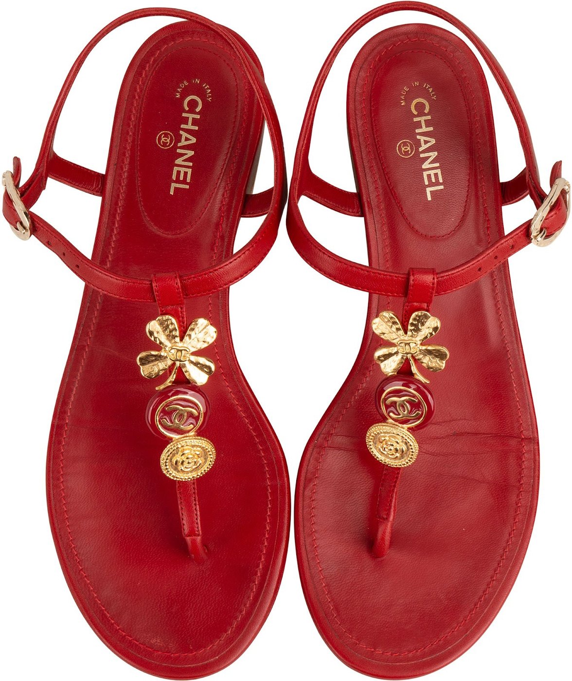 Chanel Red Leather CC Clover Medallion Thong Sandals (38)