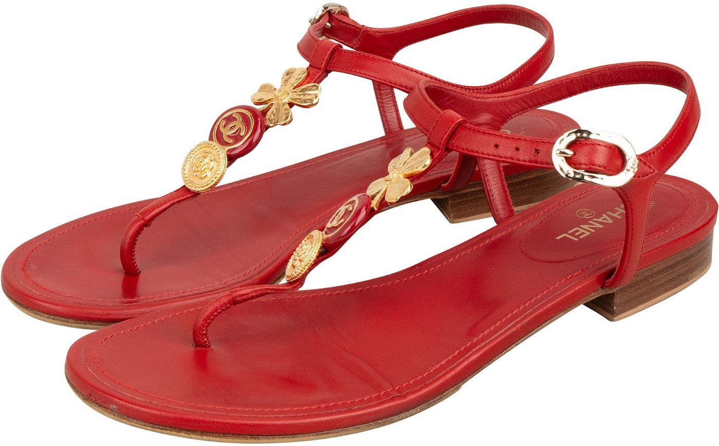 Chanel Red Leather CC Clover Medallion Thong Sandals (38)