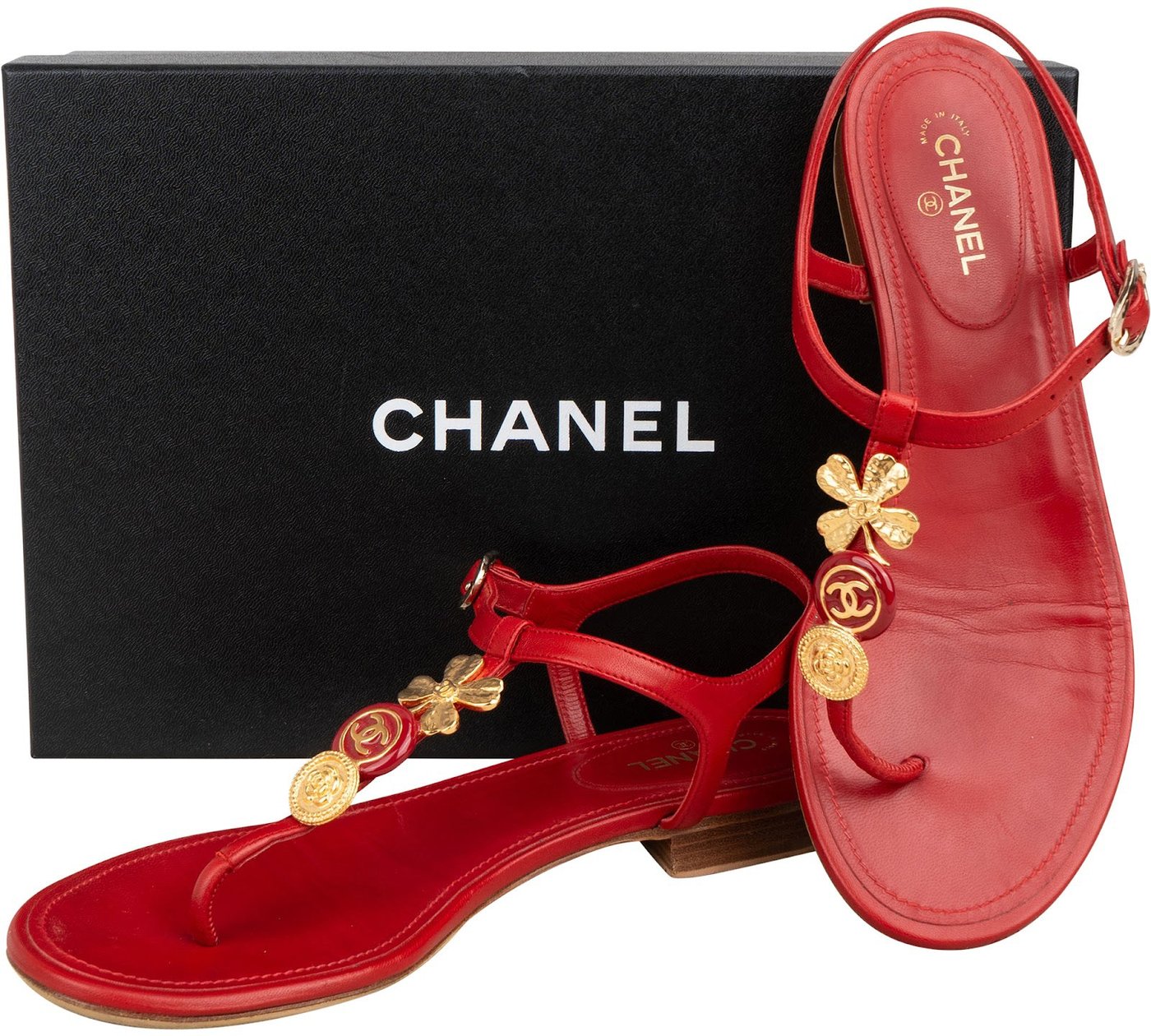 Chanel Red Leather CC Clover Medallion Thong Sandals (38)