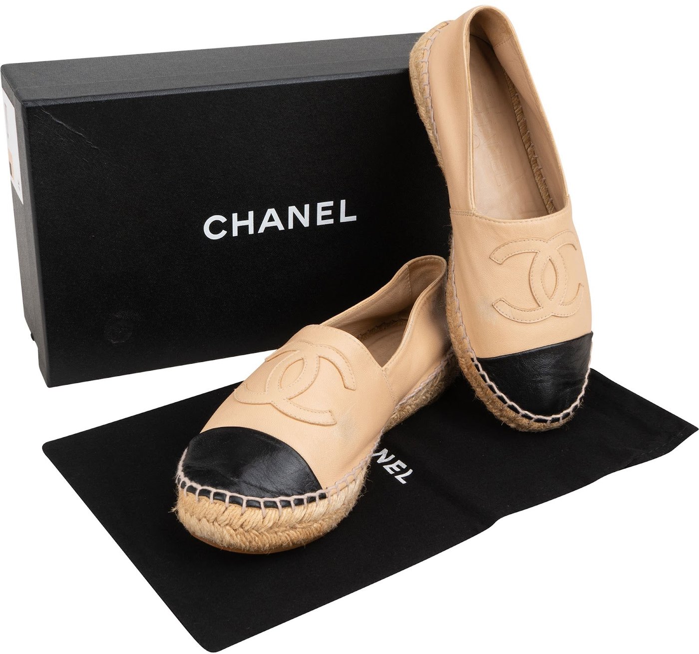 Chanel Beige Leather CC Cap Toe Espadrilles Shoes (37)