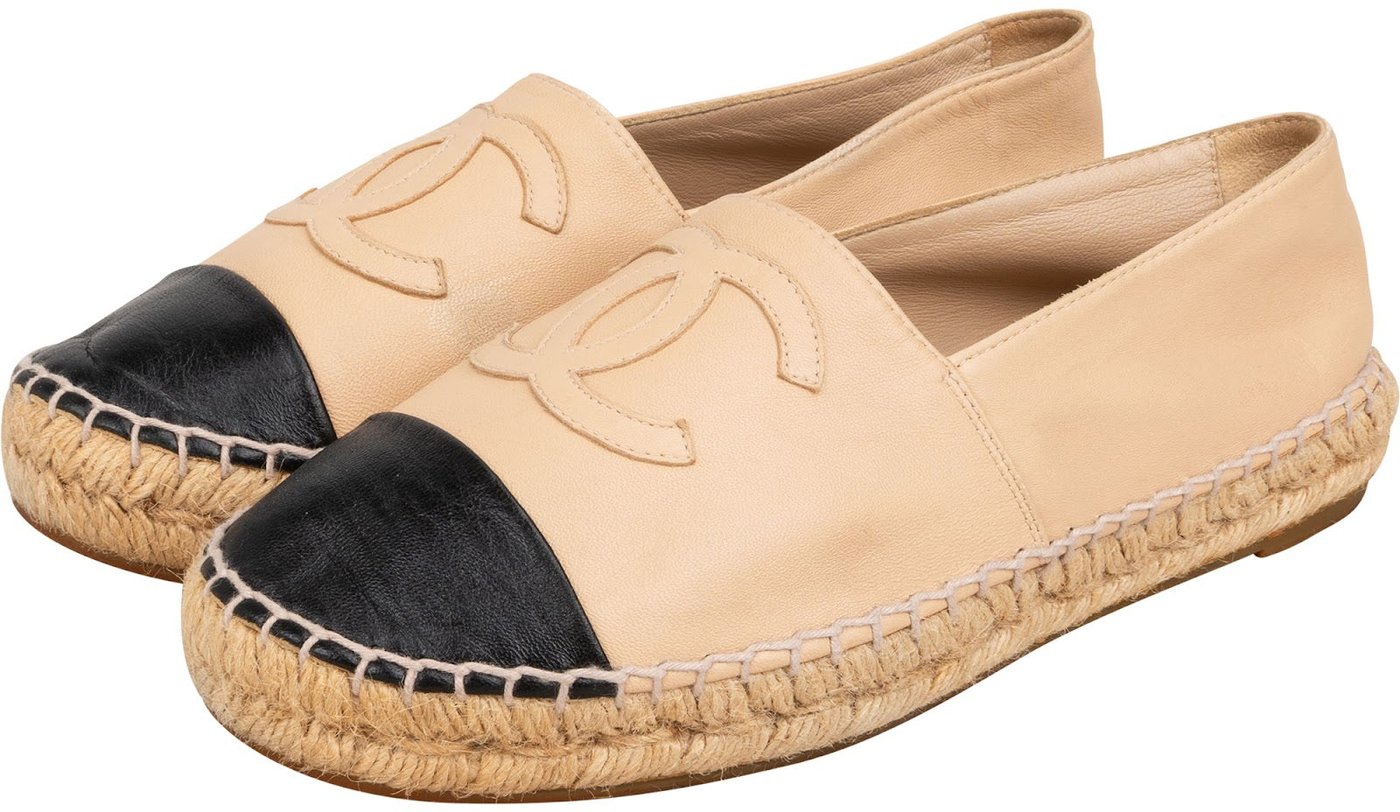 Chanel Beige Leather CC Cap Toe Espadrilles Shoes (37)