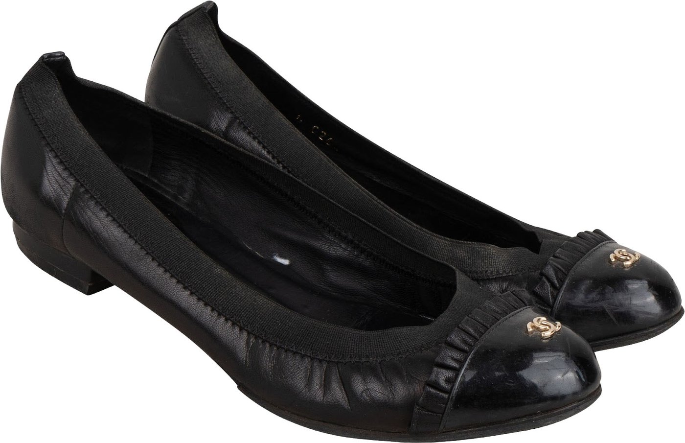 Chanel Leather Fringed Patent Cap Toe CC Elastic Ballerina Flats (35)