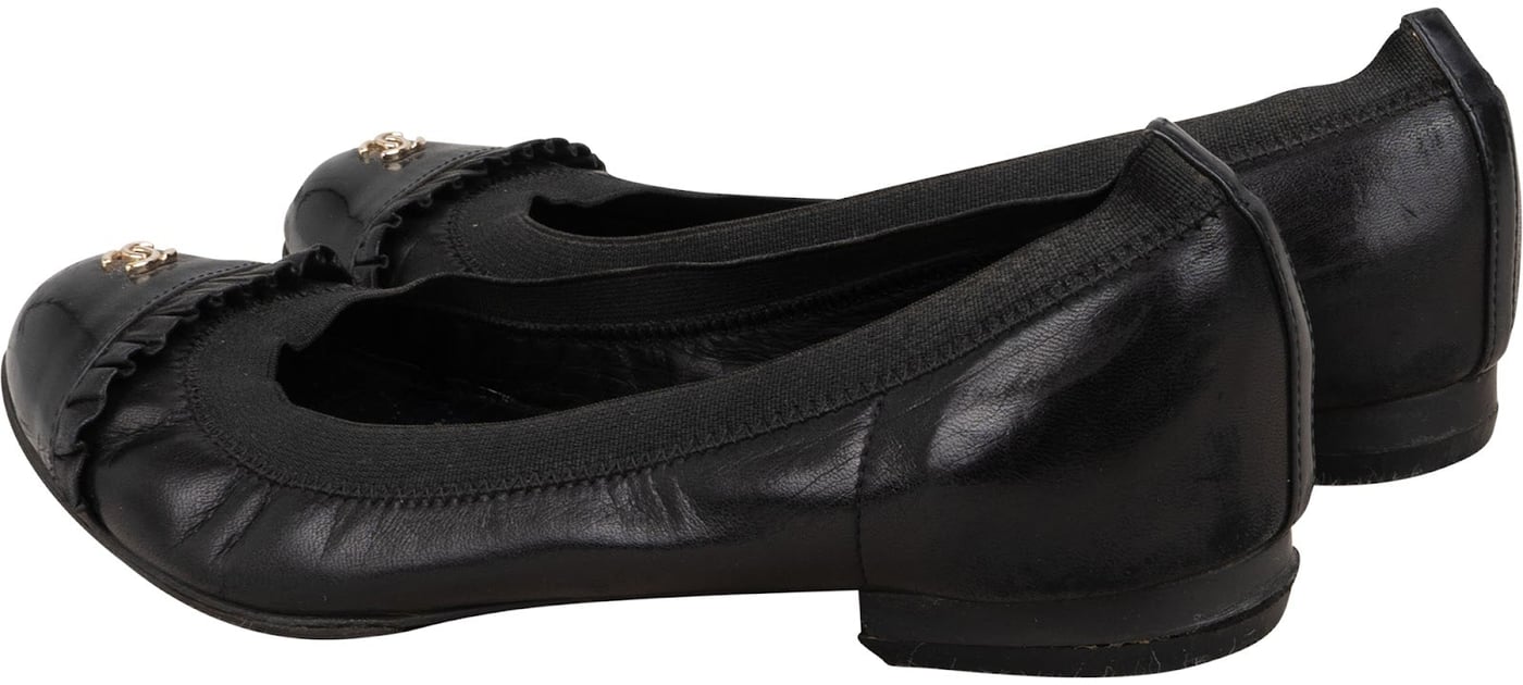 Chanel Leather Fringed Patent Cap Toe CC Elastic Ballerina Flats (35)