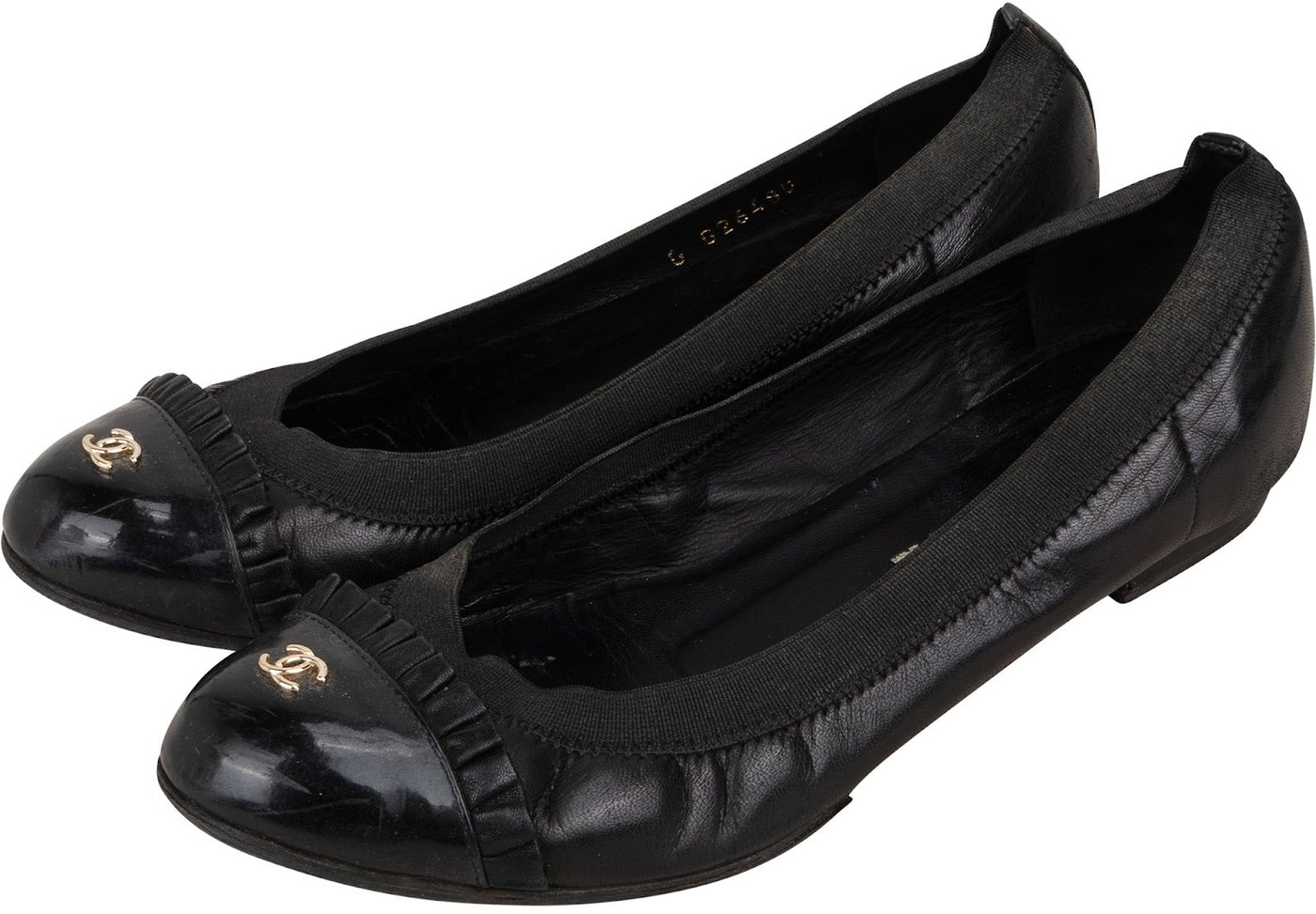Chanel Leather Fringed Patent Cap Toe CC Elastic Ballerina Flats (35)