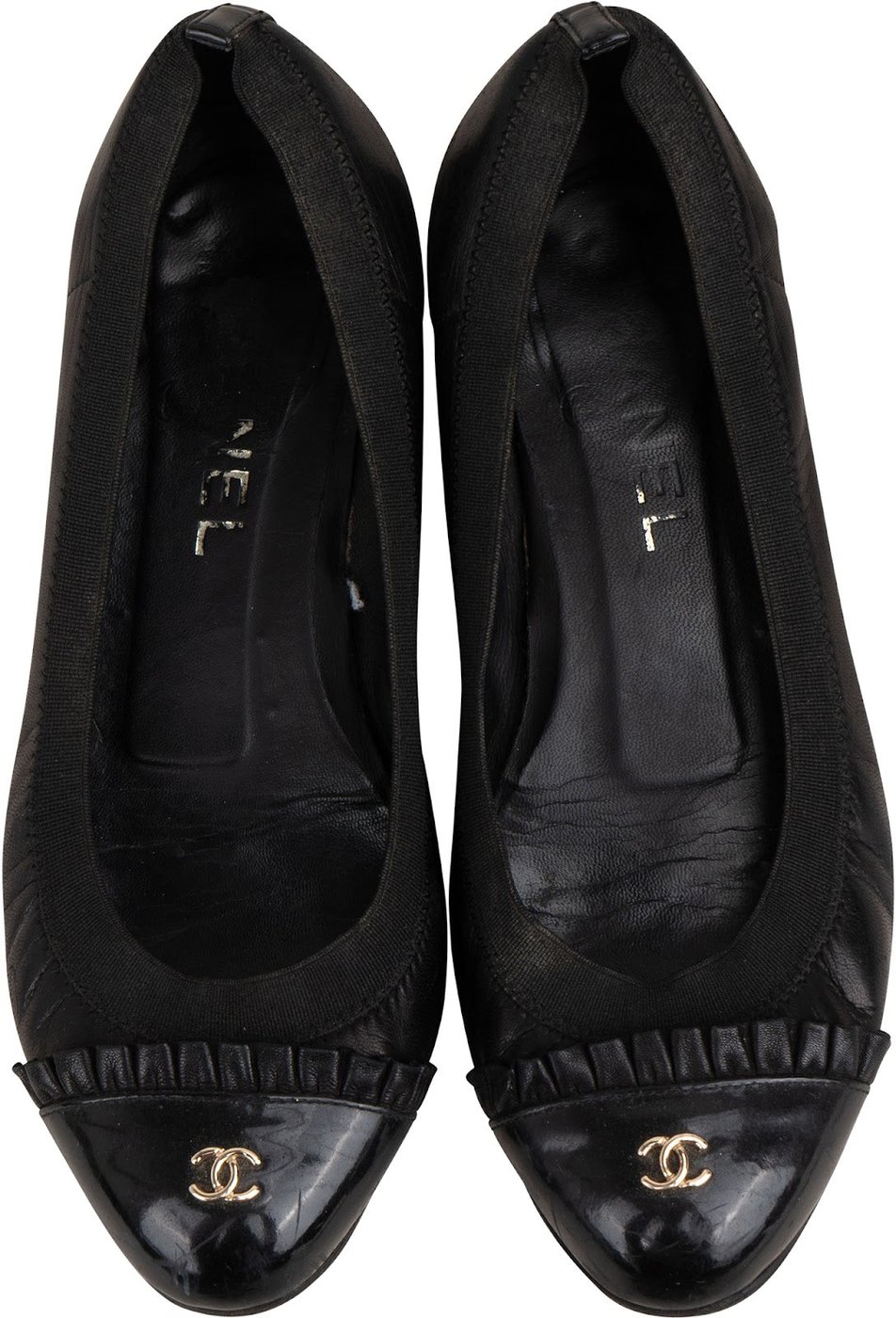 Chanel Leather Fringed Patent Cap Toe CC Elastic Ballerina Flats (35)