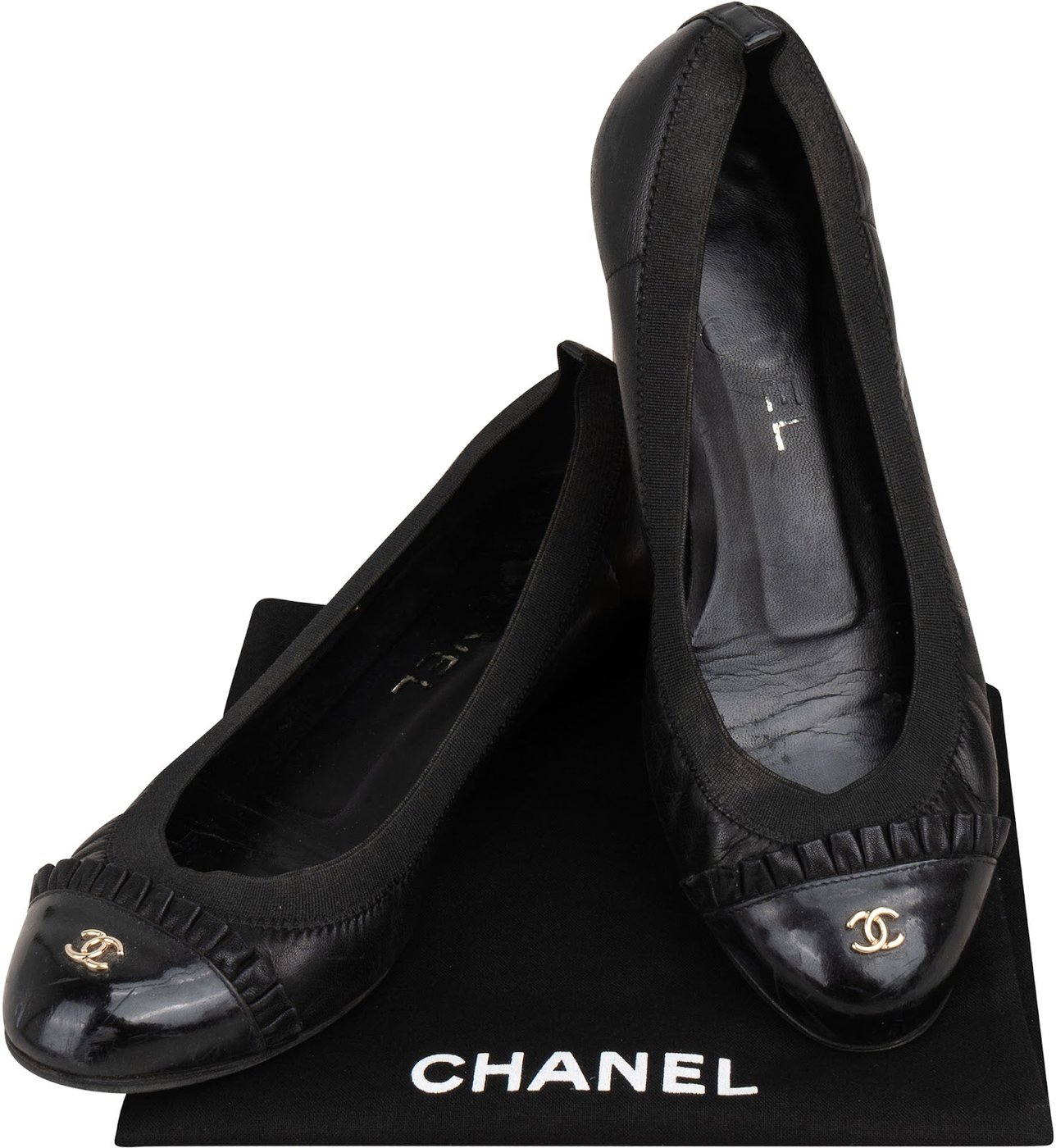 Chanel Leather Fringed Patent Cap Toe CC Elastic Ballerina Flats (35)