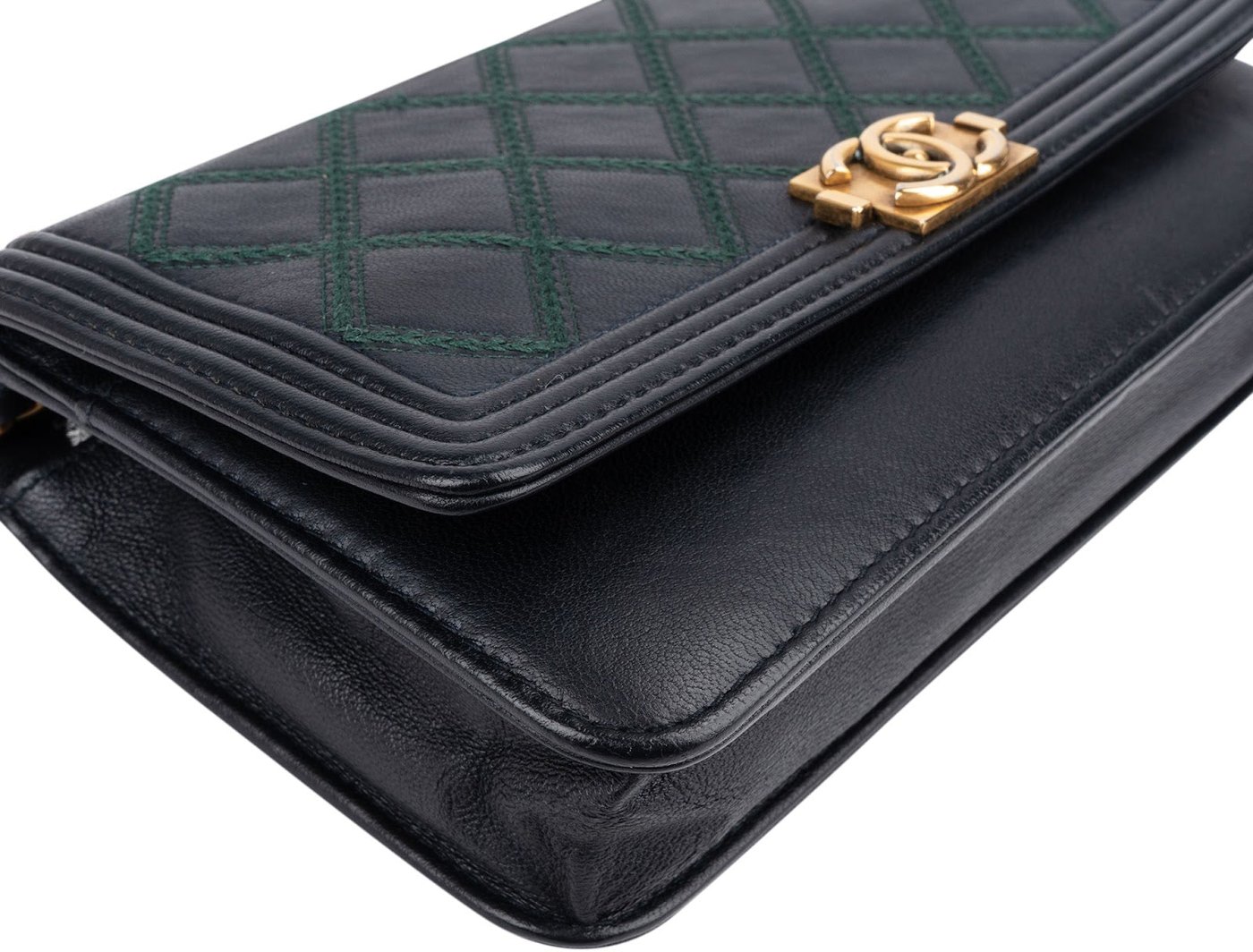 Chanel Leather Green Stitching BoyWallet On Chain Crossbody Bag
