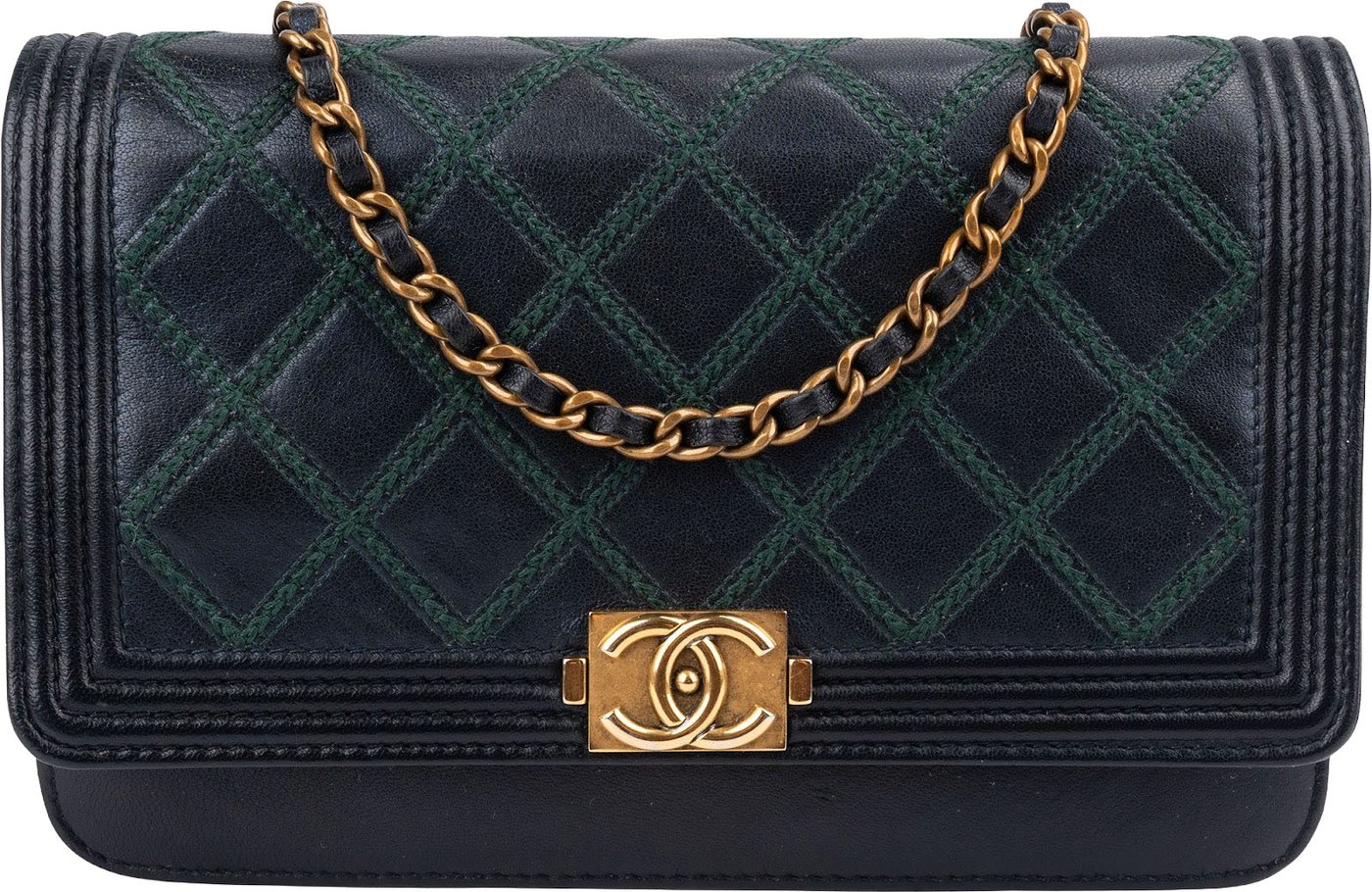 Chanel Leather Green Stitching BoyWallet On Chain Crossbody Bag