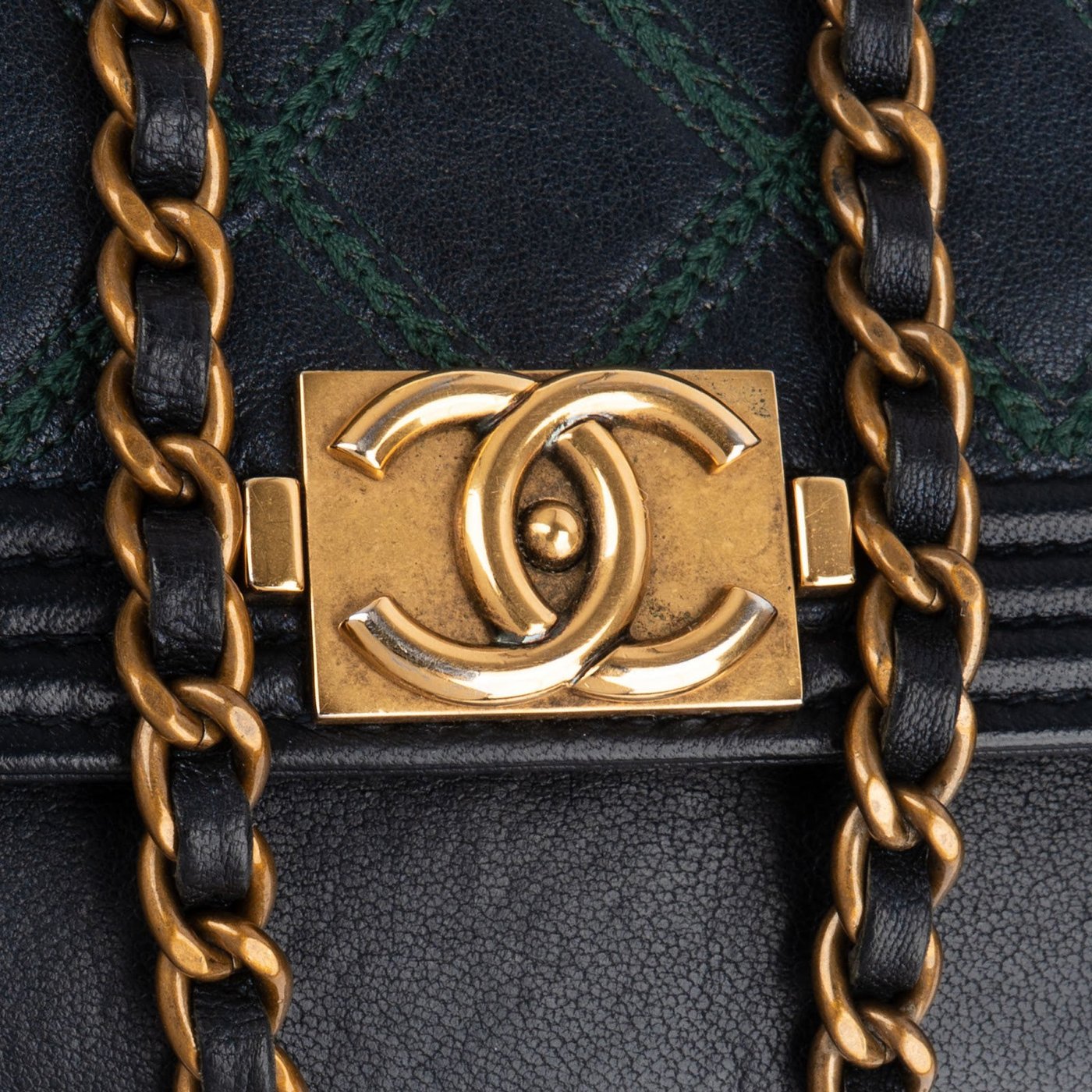 Chanel Leather Green Stitching BoyWallet On Chain Crossbody Bag