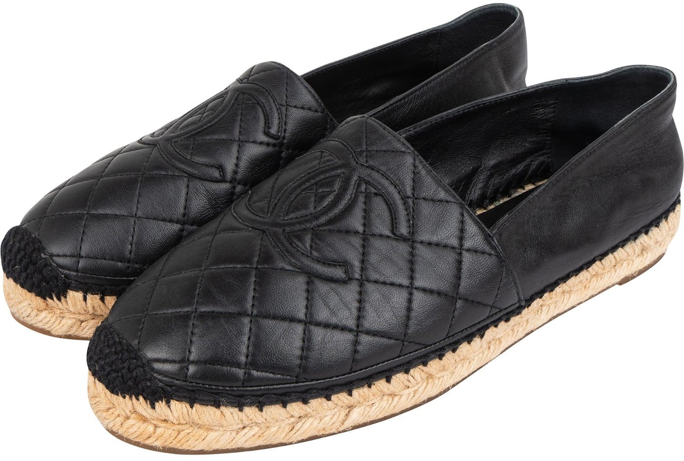 Chanel Black Leather Quilted Lambskin Espadrilles Shoes (40)