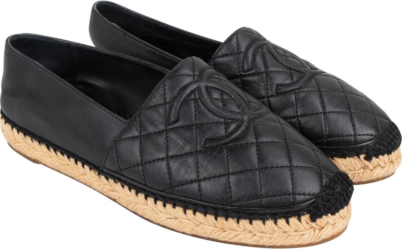 Chanel Black Leather Quilted Lambskin Espadrilles Shoes (40)