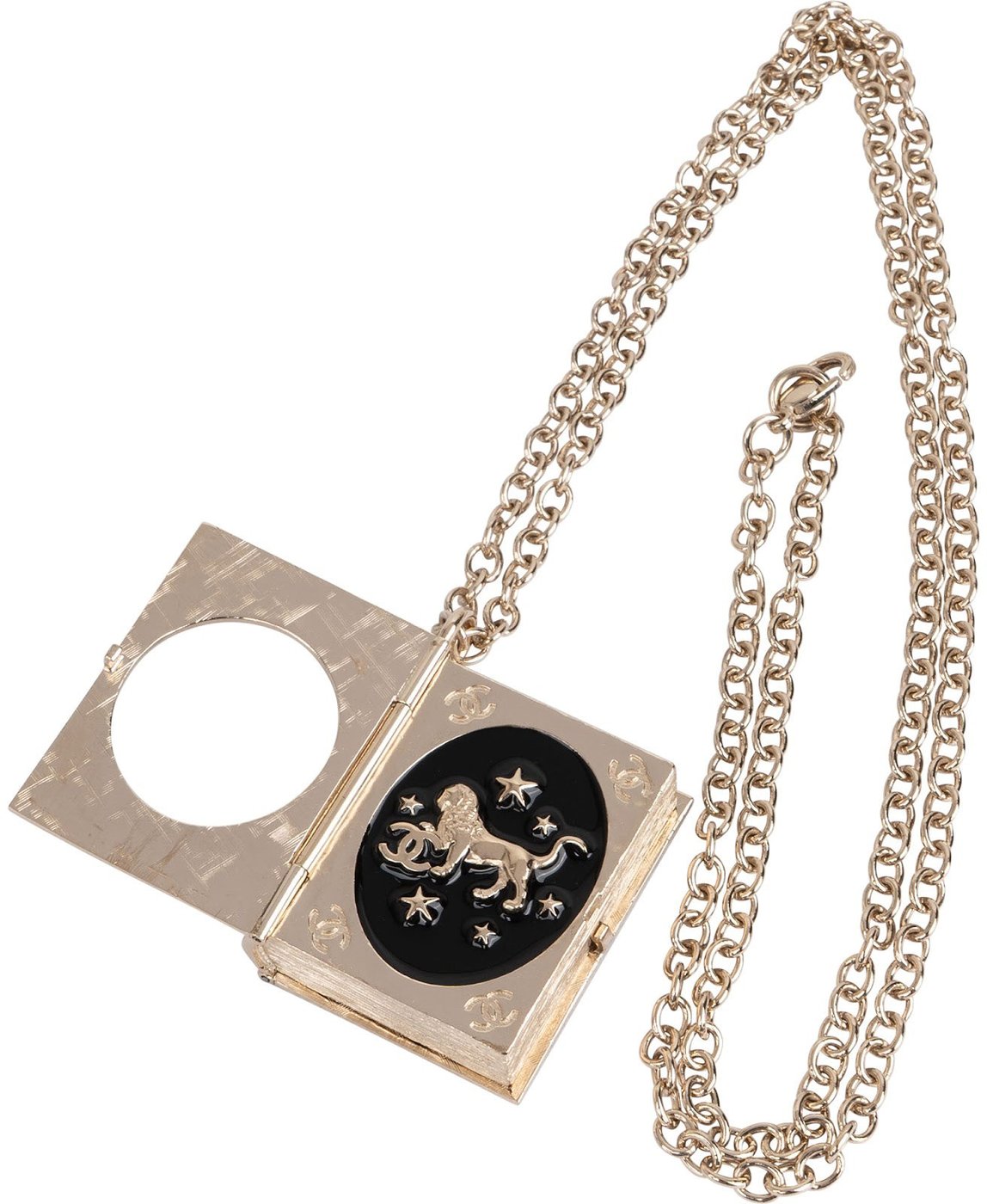 Chanel Gold Tone Leo Book Locket Medallion Necklace B22C