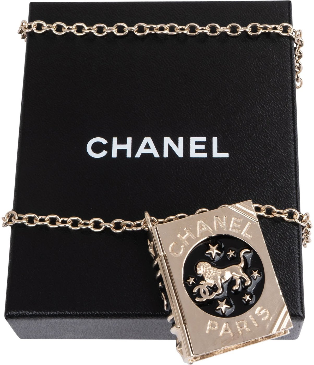 Chanel Gold Tone Leo Book Locket Medallion Necklace B22C