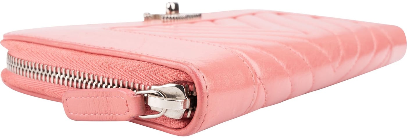 Chanel Pink Chevron Quilted Leather Zip Around Wallet