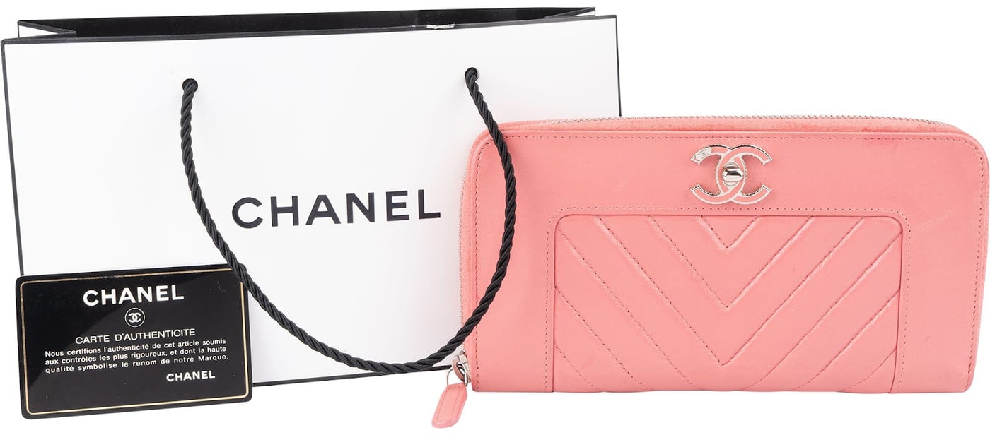 Chanel Pink Chevron Quilted Leather Zip Around Wallet