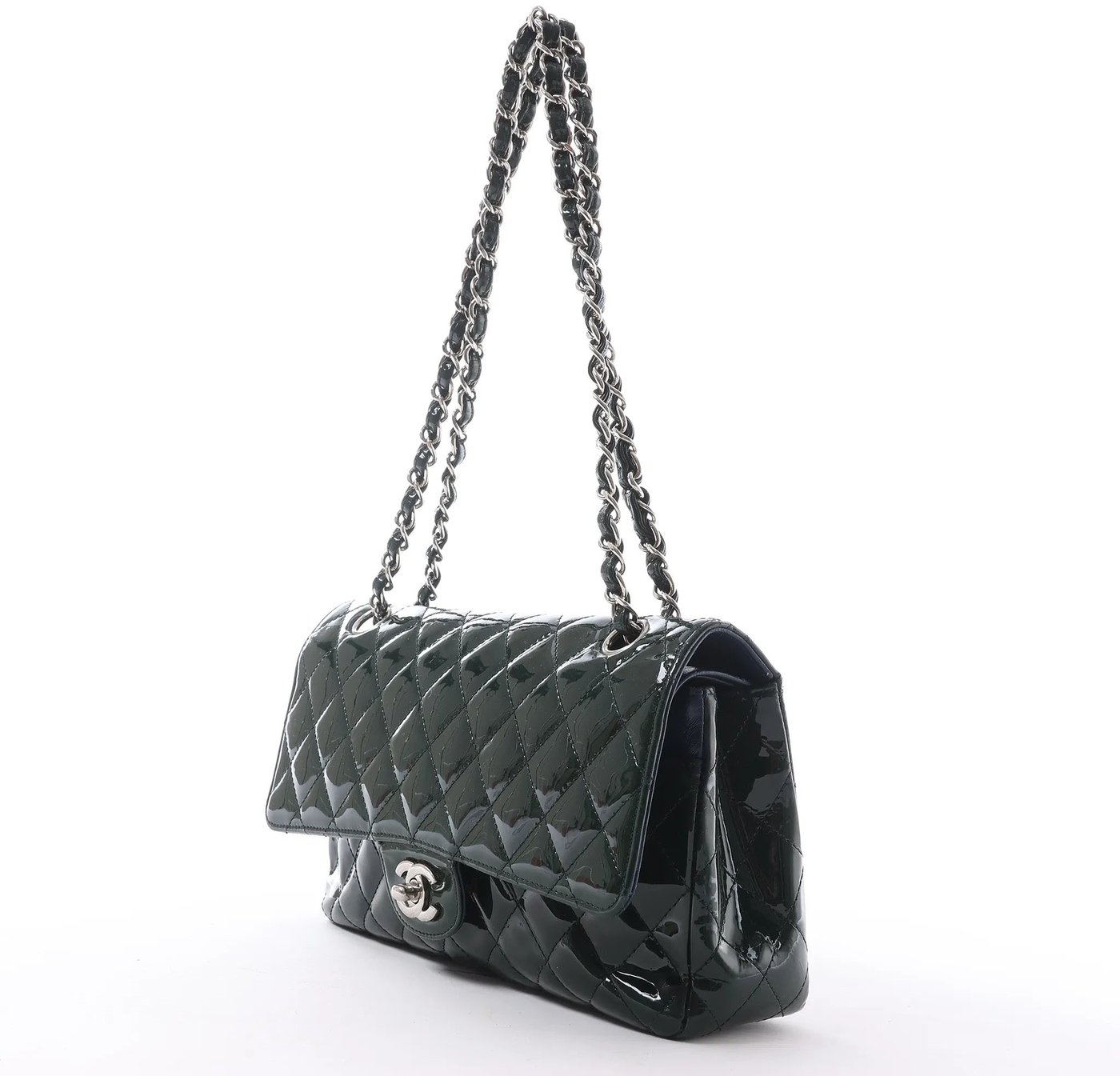 Chanel Classic Matelasse 25 Patent Leather Double Flap Double Chain Shoulder Bag in Green A01112