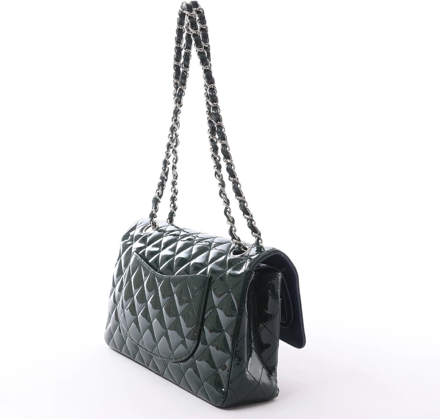 Chanel Classic Matelasse 25 Patent Leather Double Flap Double Chain Shoulder Bag in Green A01112