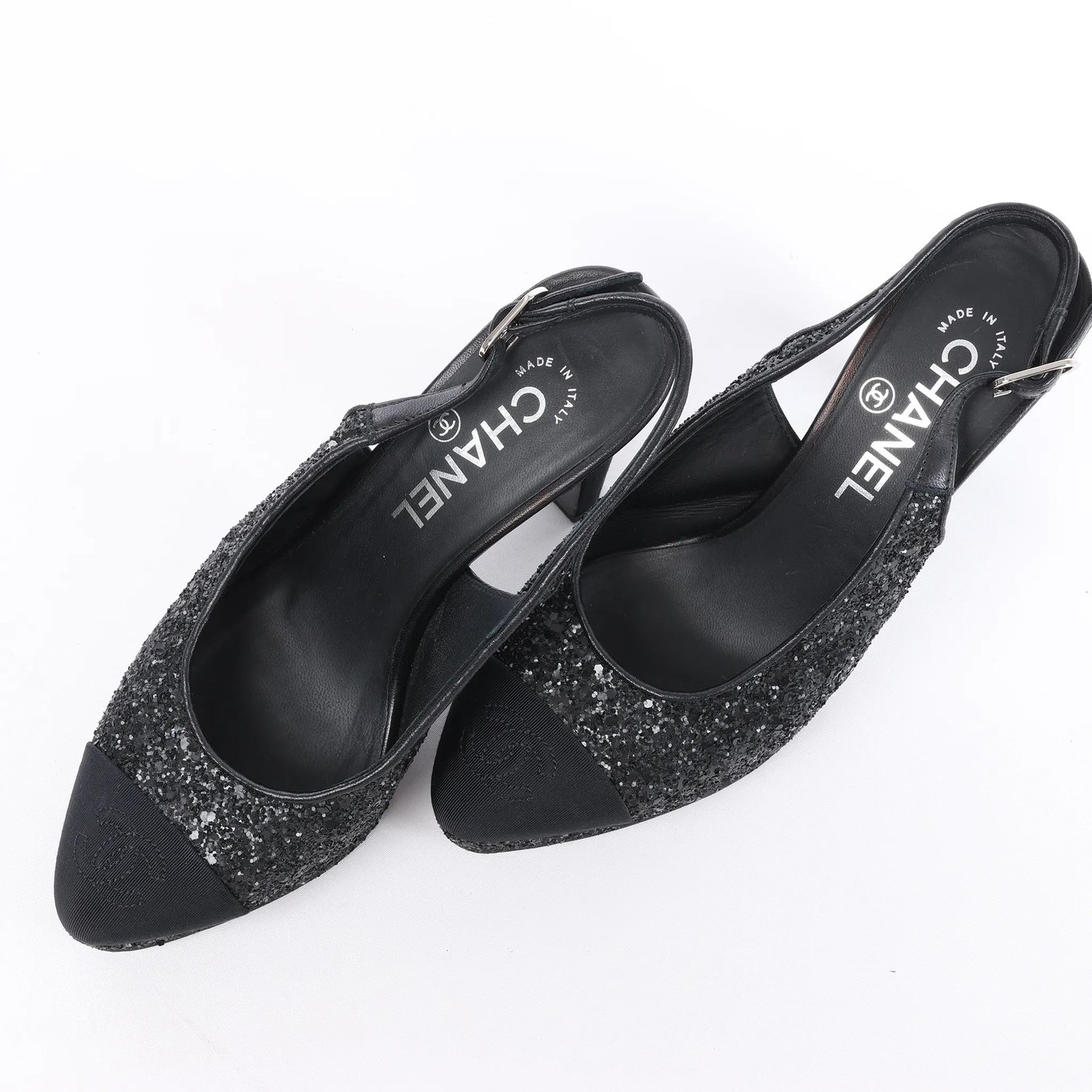 Chanel Coco Mark Leather x Glitter Heels in Black G37586, Size EU 37 C