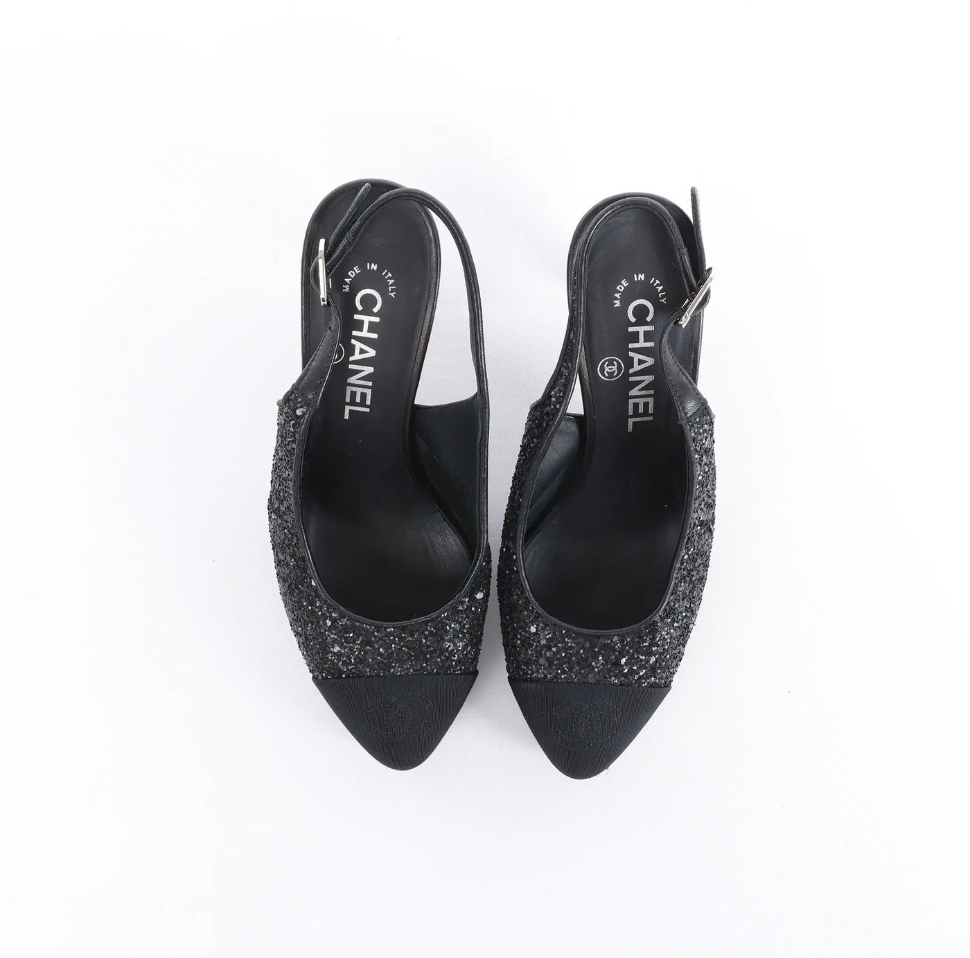 Chanel Coco Mark Leather x Glitter Heels in Black G37586, Size EU 37 C