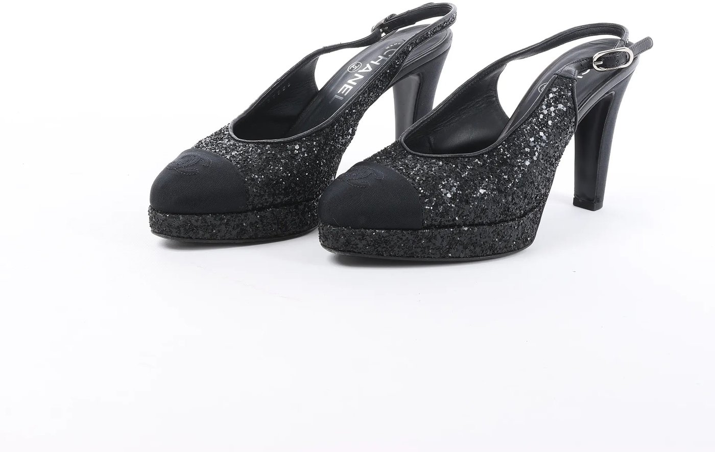 Chanel Coco Mark Leather x Glitter Heels in Black G37586, Size EU 37 C