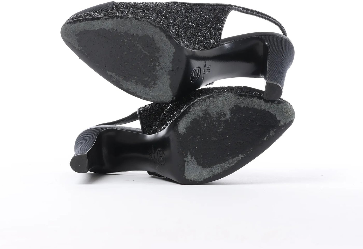 Chanel Coco Mark Leather x Glitter Heels in Black G37586, Size EU 37 C