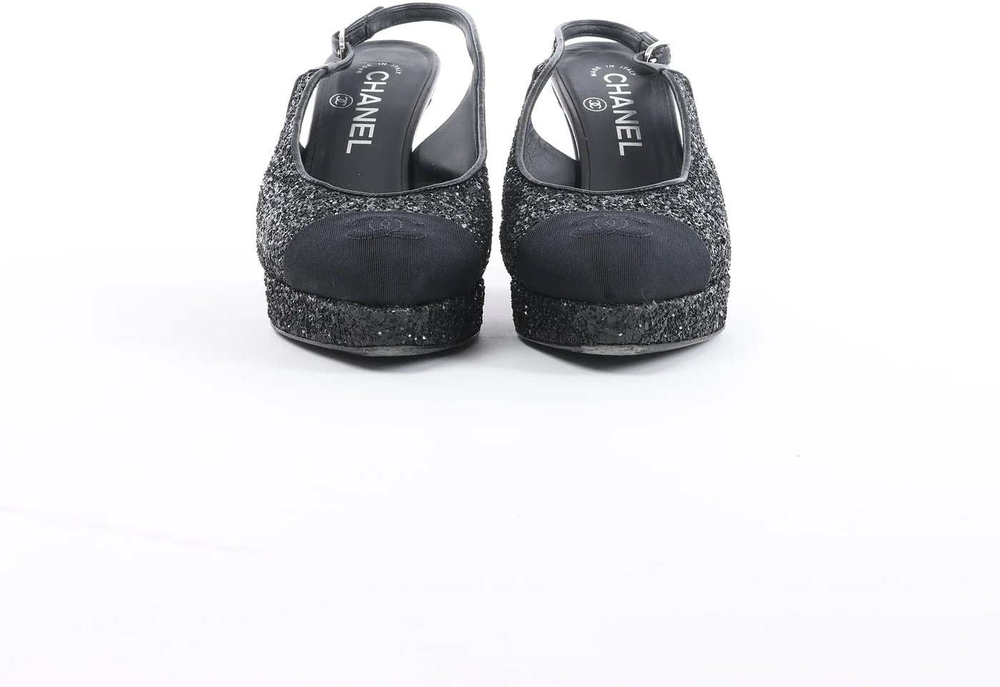 Chanel Coco Mark Leather x Glitter Heels in Black G37586, Size EU 37 C