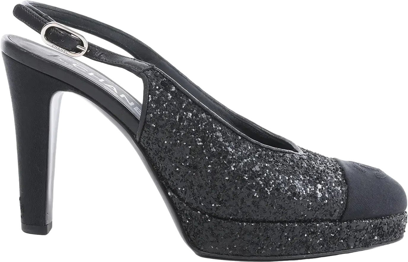 Chanel Coco Mark Leather x Glitter Heels in Black G37586, Size EU 37 C